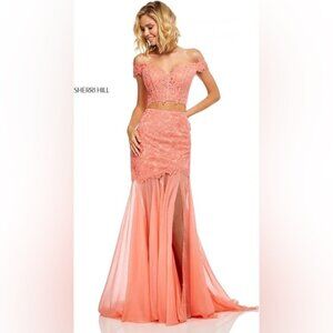 NWT SHERRI HILL 52719 Dress Prom Dresses CORAL Lace Crop Top Skirt Size 2